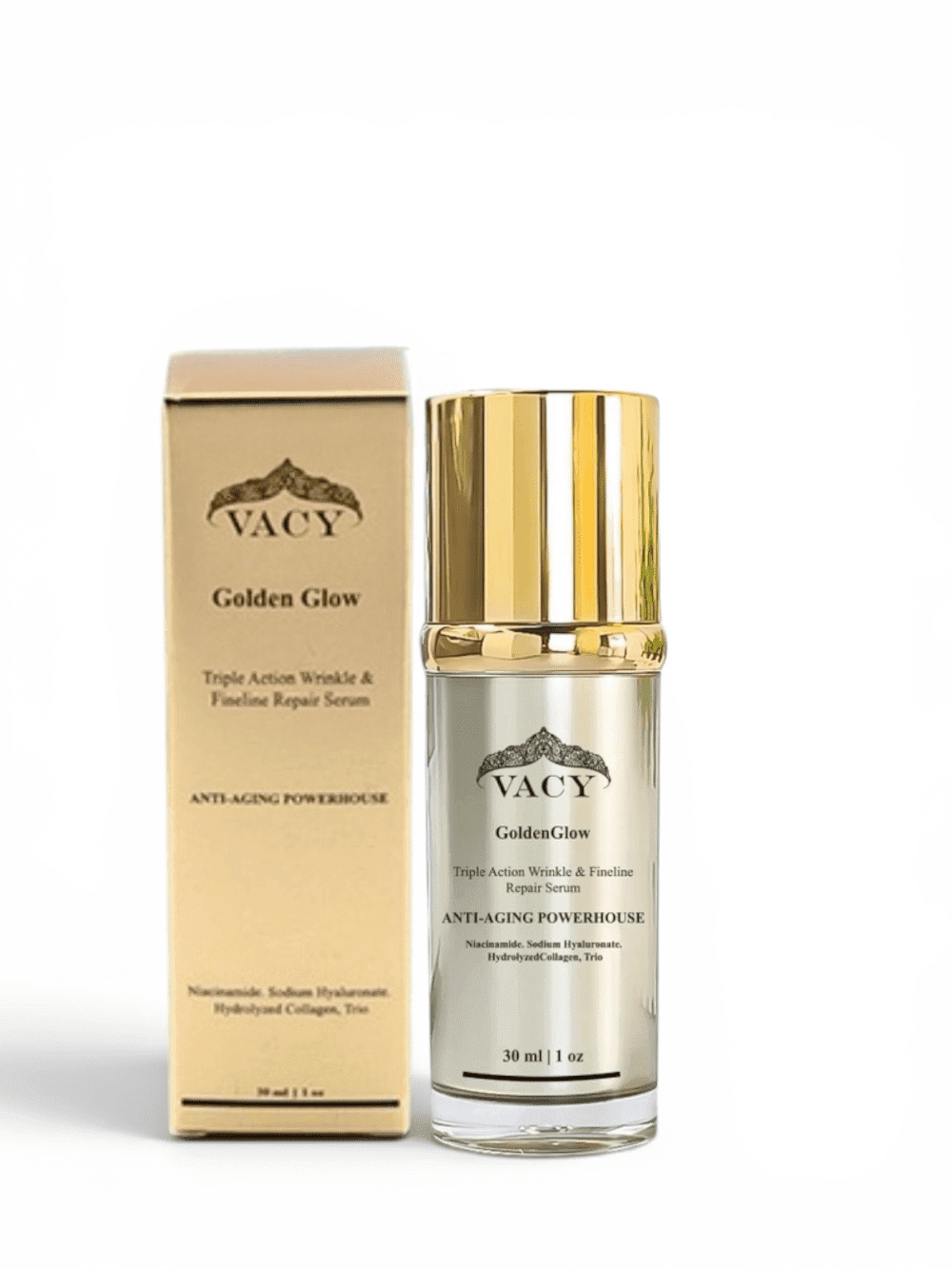 VACY GoldenGlow Triple-Action Facial Serum with Niacinamide, Hyaluronic Acid, and Collagen, Lightweight Hydrating Formula, 1 fl oz