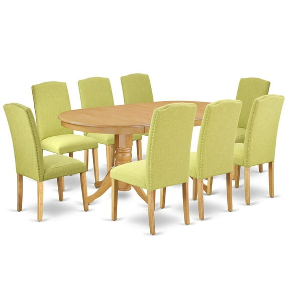 VAEN9-OAK-07 9 Pc Kitchen Set For 8 Dining Table With Leaf And Eight Parson Chair With Oak Leg And Linen Fabric Limelight