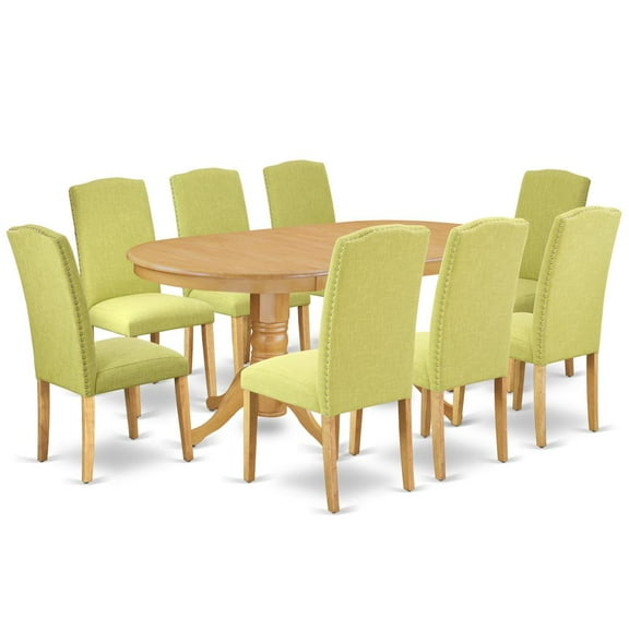 VAEN9-OAK-07 9 Pc Kitchen Set For 8 Dining Table With Leaf And Eight Parson Chair With Oak Leg And Linen Fabric Limelight
