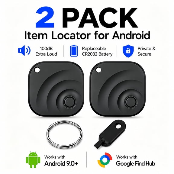 VAETTLO 2-Pack Android Item Locator, 100dB Alarm, Replaceable CR2032 Battery, Google Find Hub for Keys Wallet Luggage