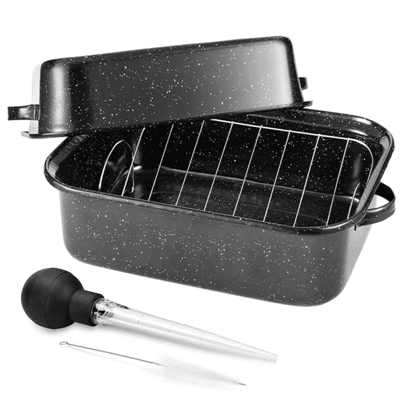 VAETTLO 21-Inch Extra Large Roasting Pan with Rack, 25lb Capacity Non-Stick Enamel Roaster for Turkey, V-Rack & Lid Included, Dishwasher Safe, Bone Turkey Baster