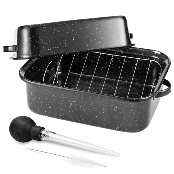 21-inch Extra Large Non-Stick Enamel Roasting Pan with V-Rack & Lid, 25lb Capacity Turkey Roaster, Dishwasher Safe, Includes Bone Turkey Baster