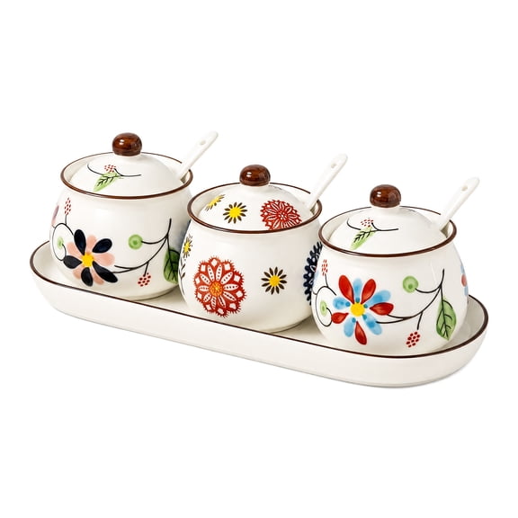 VAETTLO 3-Piece Ceramic Spice Jar Set with Tray, Hand-Painted Japanese Vintage Seasoning Jars, Large Capacity 330ml Kitchen Storage Containers with Spoons, Non-Slip Base