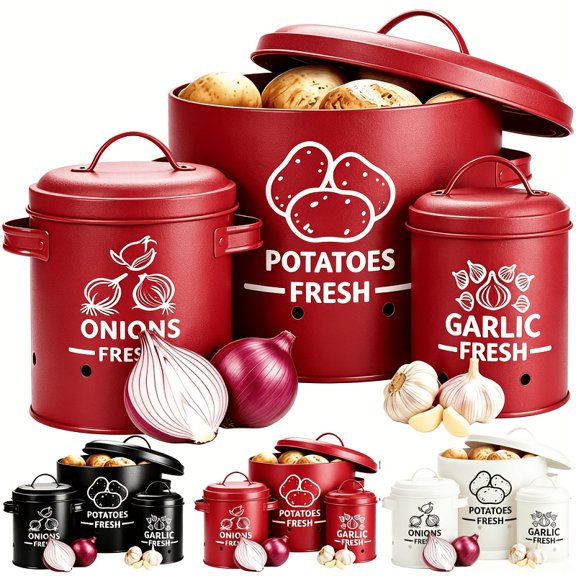 VAETTLO 3Pcs Metal Potato, Onion & Garlic Storage Containers with Lids & Air Holes – Stackable, 3 Sizes, Space-Saving for Kitchen Counter, Black
