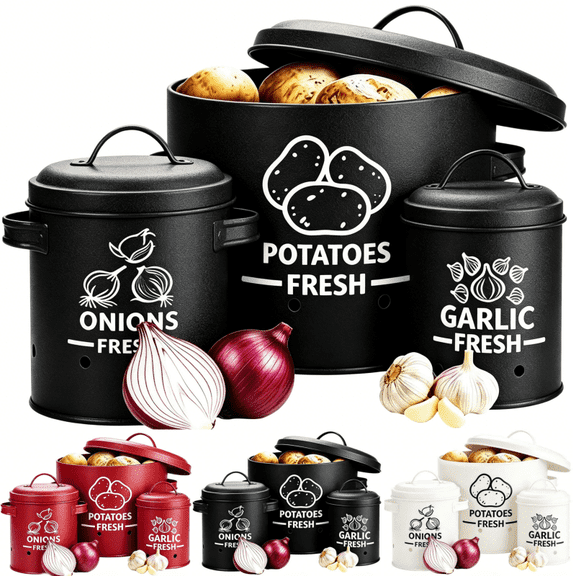 VAETTLO 3Pcs Metal Potato, Onion & Garlic Storage Containers with Lids & Air Holes – Stackable, 3 Sizes, Space-Saving for Kitchen Counter, Black