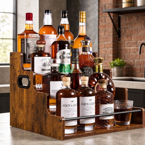 VAETTLO 4-Tier Liquor Bottle Display Shelf – 16-Inch Rustic Wood Coffee Syrup Rack Organizer with Guardrails & Handles – Heavy-Duty Countertop Spice Rack for Bar, Kitchen, Office