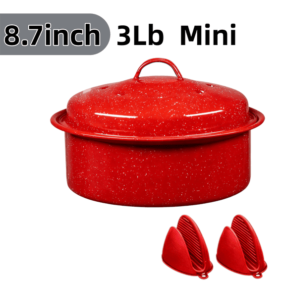 VAETTLO 8.7-inch Covered Round Roaster Red – 3lb Capacity Mini Roaster Enamel Steel Cookware, Dishwasher Safe, Even Heat Distribution for Poultry Meat Vegetables