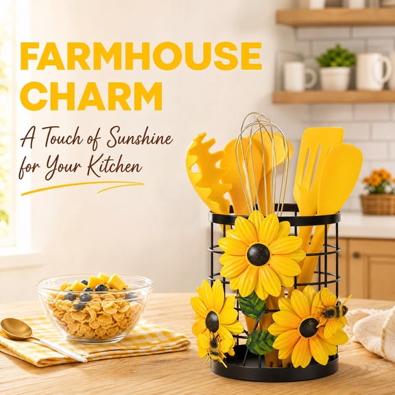 VAETTLO Sunflower Utensil Holder with Removable Apron, 6x7 inch Metal Countertop Caddy, Yellow Farmhouse Kitchen Decor Gift