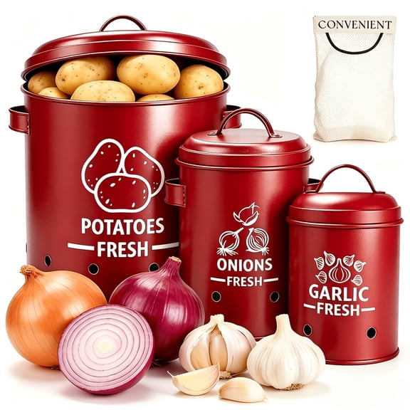 VAETTLO Vegetable Storage Set of 3, Potato Onion Garlic Storage Jars, Metal Pantry Organizer Containers with Lids and Ventilation Holes, Red
