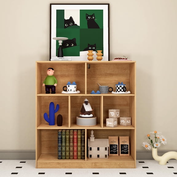VAFHYLLIS 7-Cube Wooden Bookshelf with Base,3-Tier Freestanding Open Storage Organizer,Multi-Functional Bookcase for Living Room,Bedroom,Study and Office (Oak, 7-Cube)