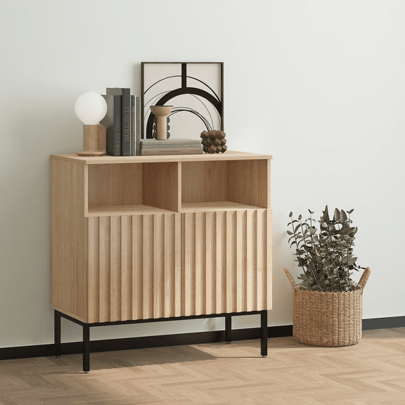 VAFHYLLIS Fluted Storage Cabinet, Wooden Sideboards Buffet Boho Accent Cabinet with Adjustable Shelves, Credenza, Console, Entryway for Living Room (Recessed Panel, 1)