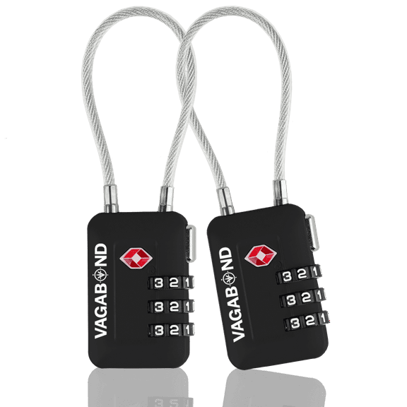 VAGABOND TSA Accepted Luggage Travel Lock 3 Digit Combination Keyless Resettable Suitcase Steel Cable Lock with Zinc Alloy Body Black 2 Pack