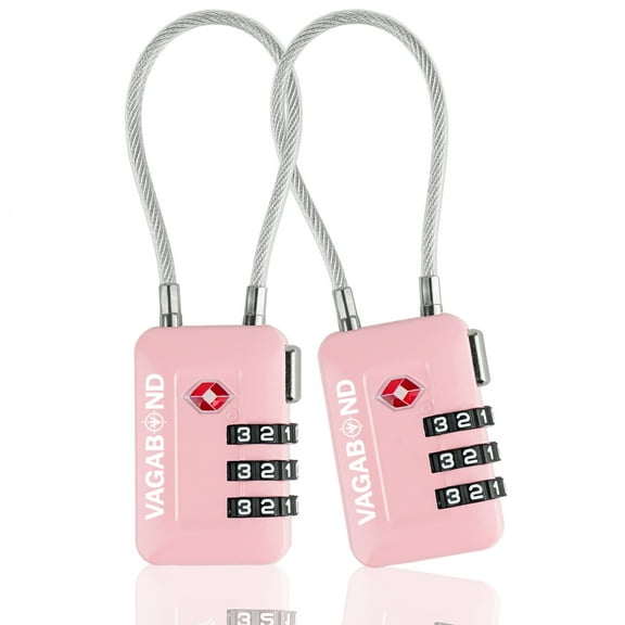 VAGABOND TSA Accepted Luggage Travel Lock 3 Digit Combination Keyless Resettable Suitcase Steel Cable Lock with Zinc Alloy Body Pink 2 Pack