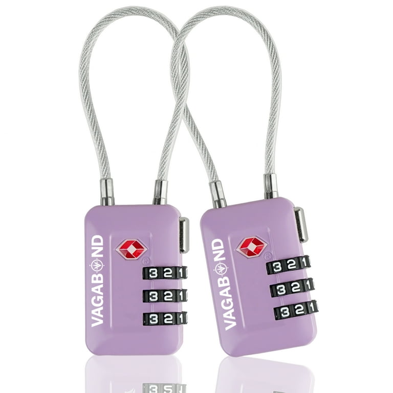 Vagabond TSA Accepted Luggage Travel Lock 3 Digit Combination Keyless Resettable Suitcase Steel Cable Lock with Zinc Alloy Body Purple 2 Pack