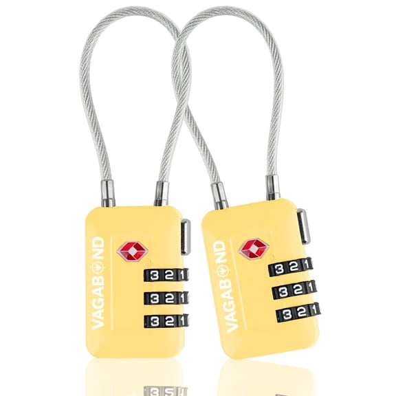 VAGABOND TSA Accepted Luggage Travel Lock 3 Digit Combination Keyless Resettable Suitcase Steel Cable Lock with Zinc Alloy Body Yellow 2 Pack