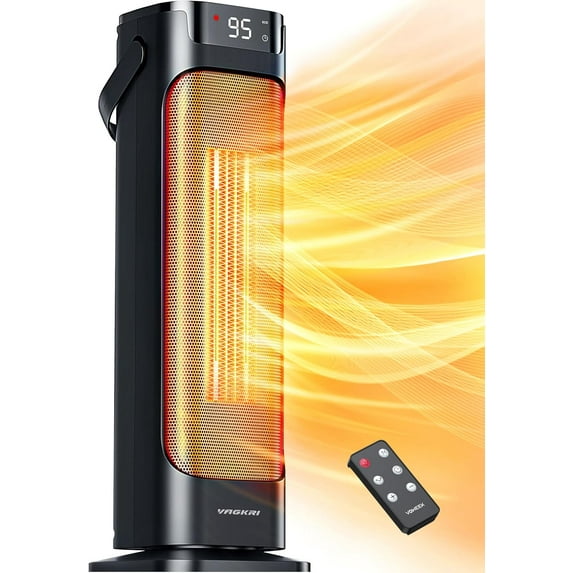 VAGKRI 24” Oscillating Ceramic Tower Space Heater,Fast Ceramic Heater with Thermostat and Remote,Portable Electric Heater with Tip-Over & Overheating Protection, 3 Modes for Bedroom, Office Black