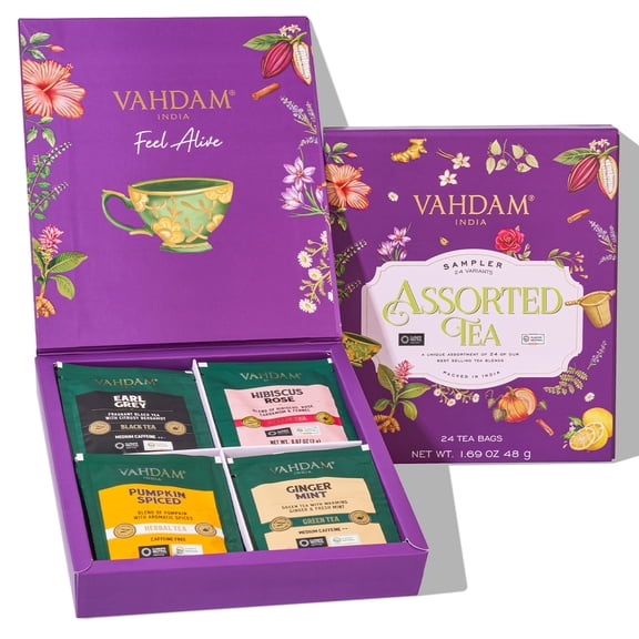 VAHDAM Gift Set Tea Box - 24 Pyramid Tea Bags Assortment | Premium Tea Gift Set Sampler - Black, Green, Chai & Herbal Teas for Men & Women