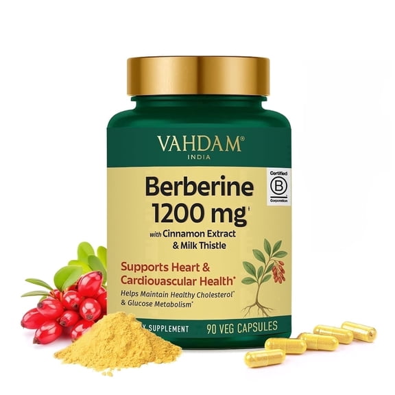 VAHDAM Berberine 97% HCL 1200mg Extract with Cinnamon and Milk Thistle | Supports Heart Health and Helps Maintain Healthy Cholesterol & Glucose Metabolism | 90 Veg Capsules