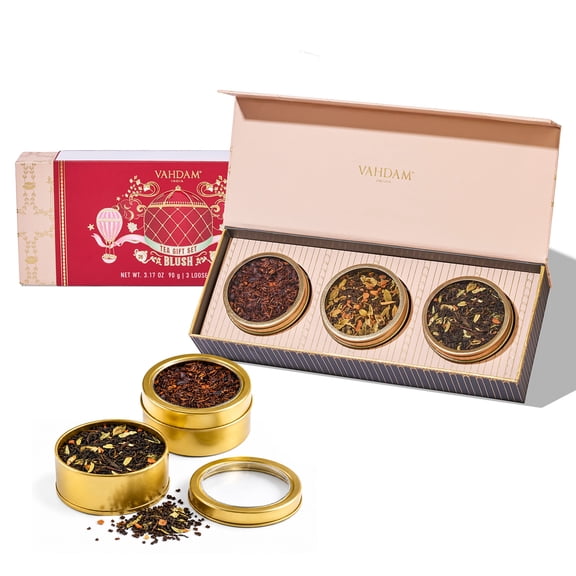 VAHDAM Blush | Diwali Gift for Women & Men | 3 Premium Loose Leaf Teas in Gold Tins | Holiday Tea Gift Set - Kashmiri Kahwa, Cinnamon Chai & Chocolate Vanilla Tea