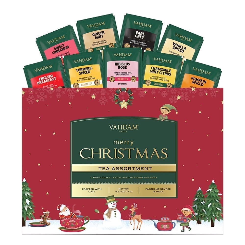 VAHDAM Christmas Tea Gift Set (9 Individually Wrapped Tea Bags) Limited Edition- Gluten Free & Non GMO