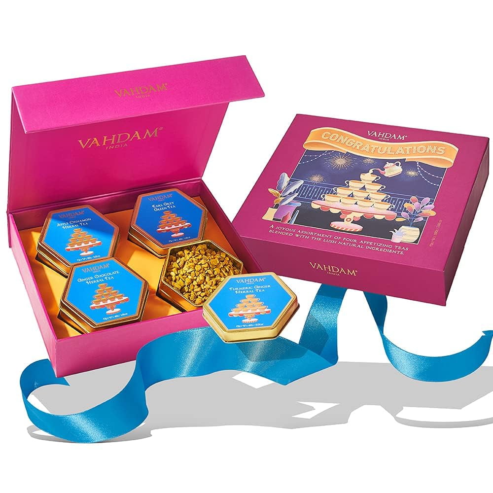 VAHDAM Assorted Tea Gift Set, 4 Loose Leaf Teas, Gluten Free, Non GMO