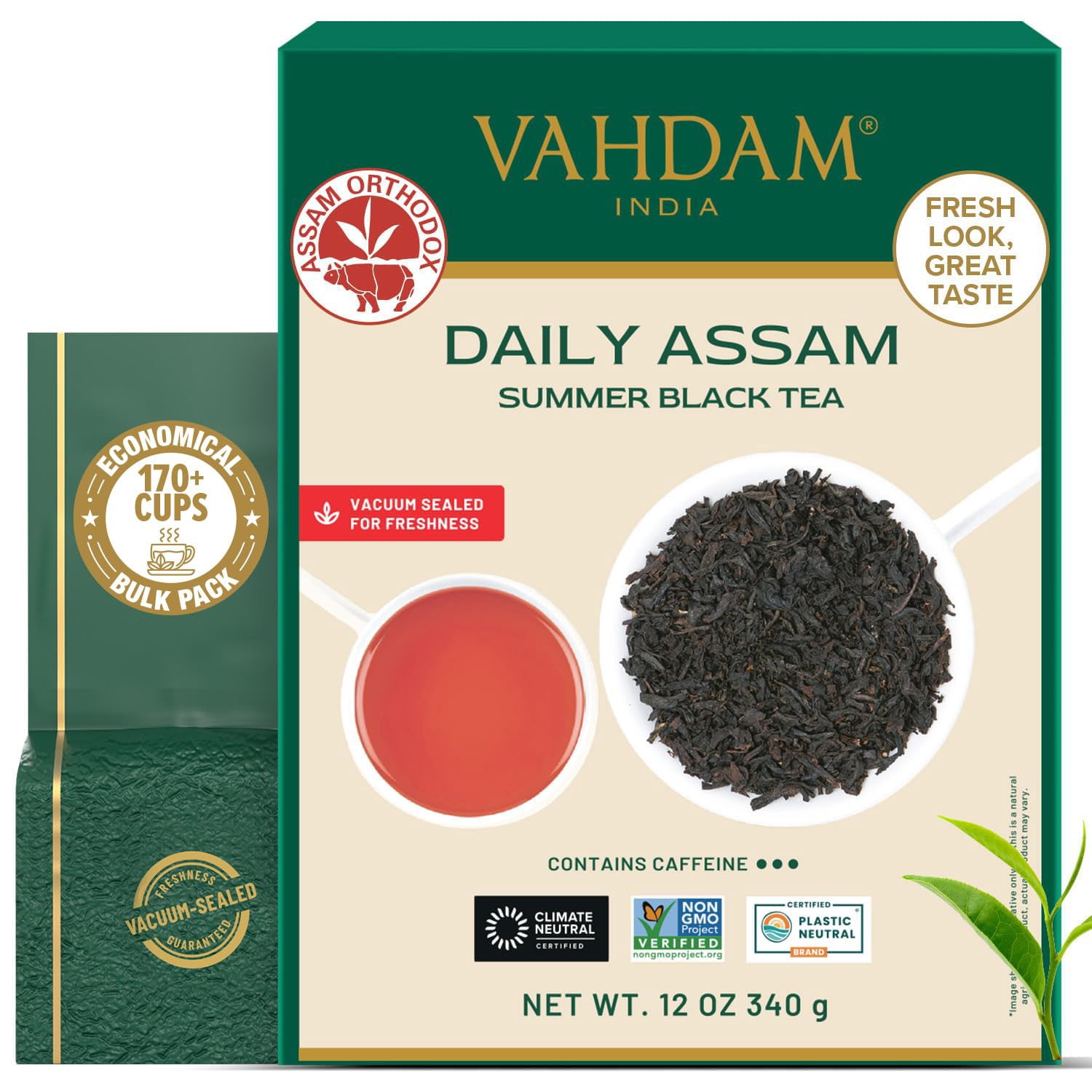 VAHDAM, Assam Black Tea Leaves (340g/12oz) 170+ Servings | High Caffeine, Non GMO, Gluten Free | STRONG, MALTY & RICH | Pure Unblended Single Origin Black Loose Leaf Tea | Vacuum Sealed
