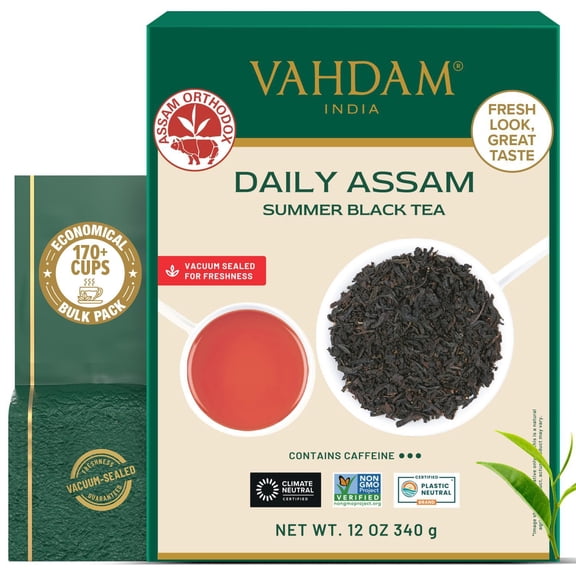 VAHDAM, Assam Black Tea Leaves (340g/12oz) 170+ Servings | High Caffeine, Non GMO, Gluten Free | STRONG, MALTY & RICH | Pure Unblended Single Origin Black Loose Leaf Tea | Vacuum Sealed