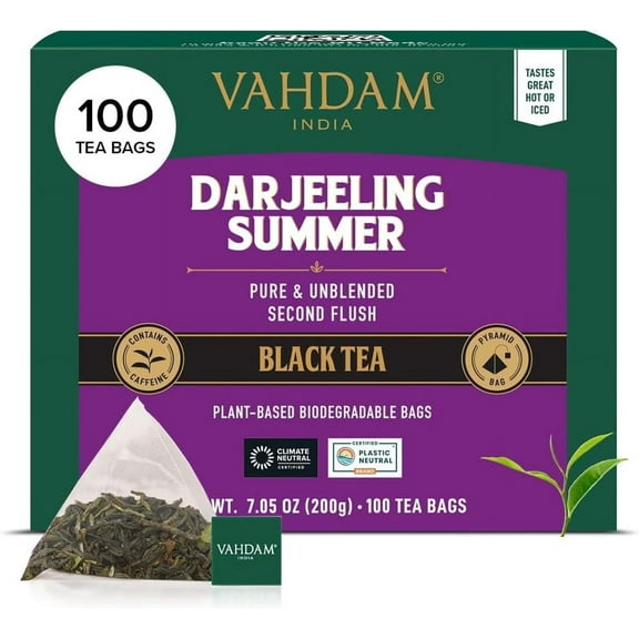 VAHDAM, Darjeeling Pure Black Tea Bags (100 Count) | Strong, Robust, Flavory |  High Caffeine, Non GMO, Gluten Free | Individually Wrapped Unblended Second Flush Darjeeling Tea Bags