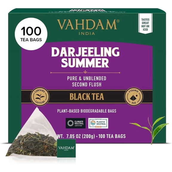 VAHDAM, Darjeeling Pure Black Tea Bags (100 Count) | Strong, Robust, Flavory | High Caffeine, Non GMO, Gluten Free | Individually Wrapped Unblended Second Flush Darjeeling Tea Bags