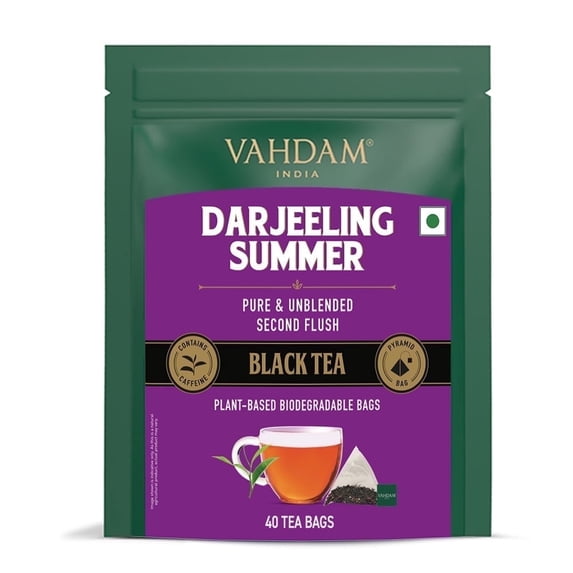 VAHDAM, Darjeeling Pure Black Tea Bags (40 Count) | Strong, Robust, Flavory | High Caffeine, Non GMO, Gluten Free | Individually Wrapped Unblended Second Flush Darjeeling Tea Bags