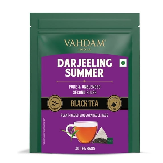 VAHDAM, Darjeeling Pure Black Tea Bags (40 Count) | Strong, Robust, Flavory | High Caffeine, Non GMO, Gluten Free | Individually Wrapped Unblended Second Flush Darjeeling Tea Bags