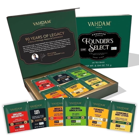 VAHDAM Top 6 Founder Select Assorted Tea Gift Set | 6 Flavors, 36 individually Wrapped Tea Bags | Gifts For Tea Lovers