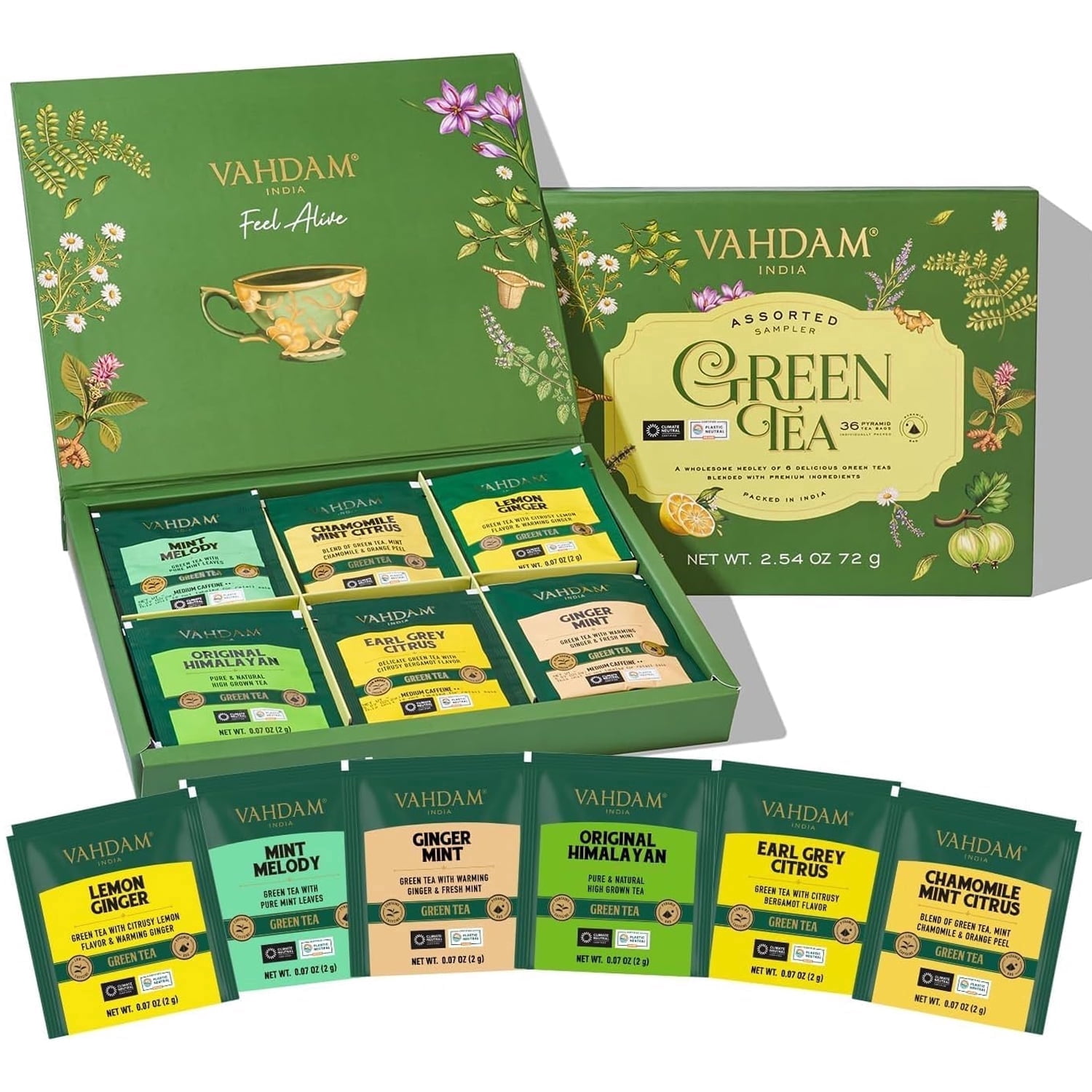 VAHDAM Green Tea Variety Pack Sampler Assortment Box (36 Pyramid Tea Bags, 6 Flavor) | Non-GMO | Himalayan Green Tea with No Artificial Ingredients | Gifts for 
