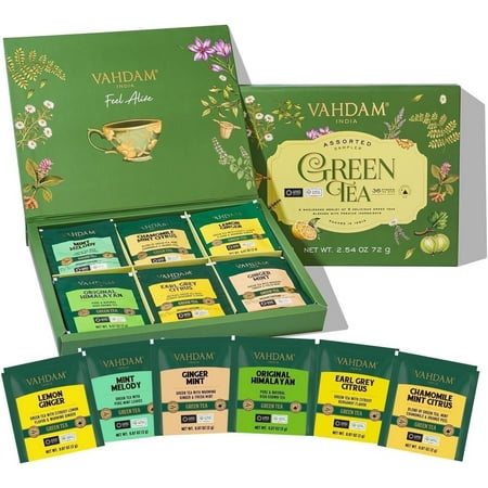 VAHDAM Green Tea Sampler Gift Set (6 Flavors, 36 Tea Bags)