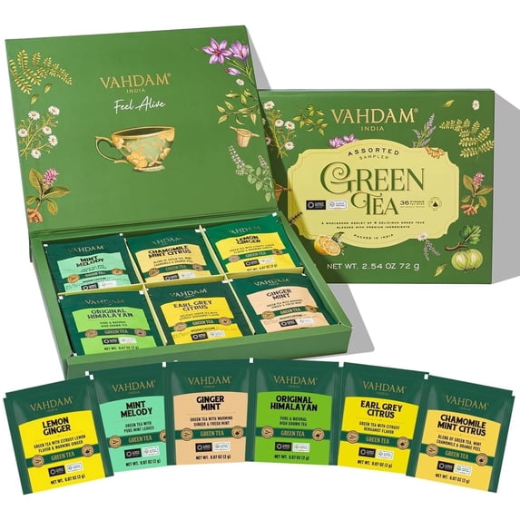 VAHDAM, Green Tea Variety Pack Sampler Assortment (36 Pyramid Tea Bags, 6 Flavor) | Non-GMO Project Verified Himalayan Green Tea with No Artificial Ingredients | Gifts for Women & Men