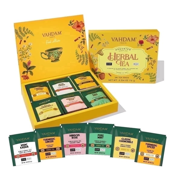 VAHDAM, Assorted Herbal Tea Variety Pack (6 Variants, 36 Tea Bags) Caffeine Free, Gluten Free, Non GMO | Eco Friendly Long Leaf Pyramid Tea Bags I Tea Gift Set for Men and Women
