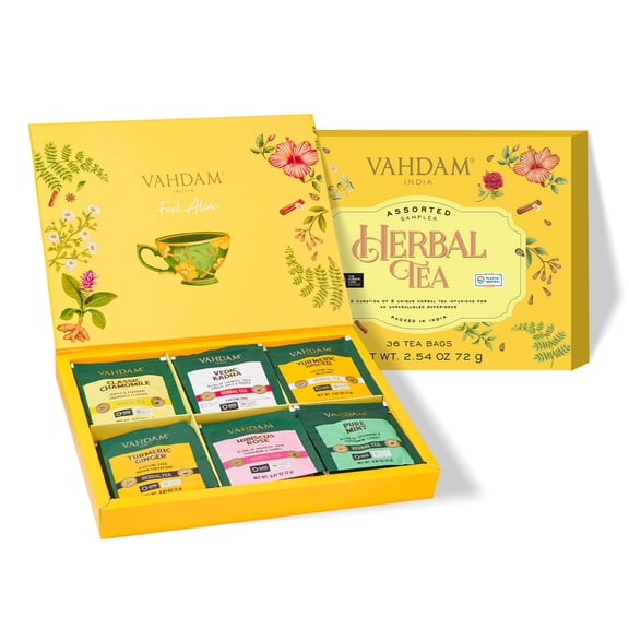 VAHDAM Assorted Herbal Tea Variety Pack (6 Variants, 36 Tea Bags) Caffeine Free, Gluten Free, Non GMO | Long Leaf Pyramid Tea Bags Sampler I Tea Gift Set for Men and Women