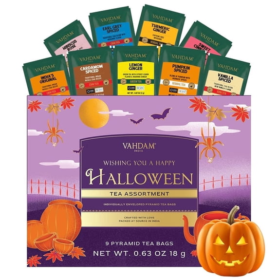 VAHDAM, Limited Edition Halloween Tea Gift Basket | 9 Premium Variety Pyramid Tea Bags | Halloween Gifts for Women, Men and Adults I Tea Gift Set