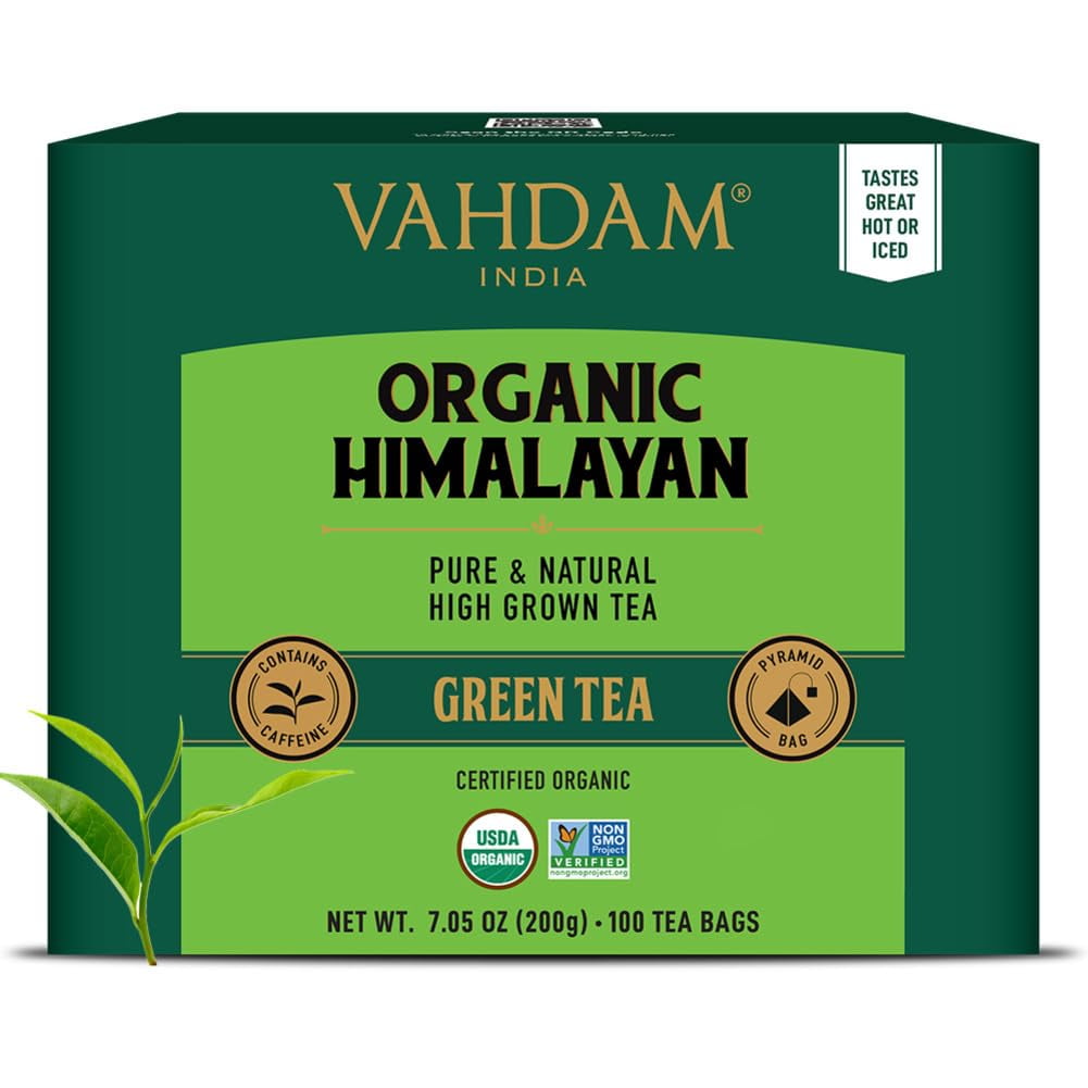 VAHDAM, Organic Green Tea Leaves From Himalayas (100 Green Tea Bags) USDA Organic, Non GMO, Gluten Free, High Grown | Individually Wrapped Pyramid Tea Bags