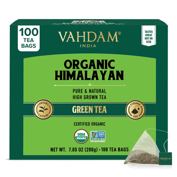 VAHDAM Organic Himalayan Green Tea Bags, Full Flavor Single Bag Brew, 100 Percent Plastic-Free Compostable Pyramid Bags, Low Caffeine, 100 Count