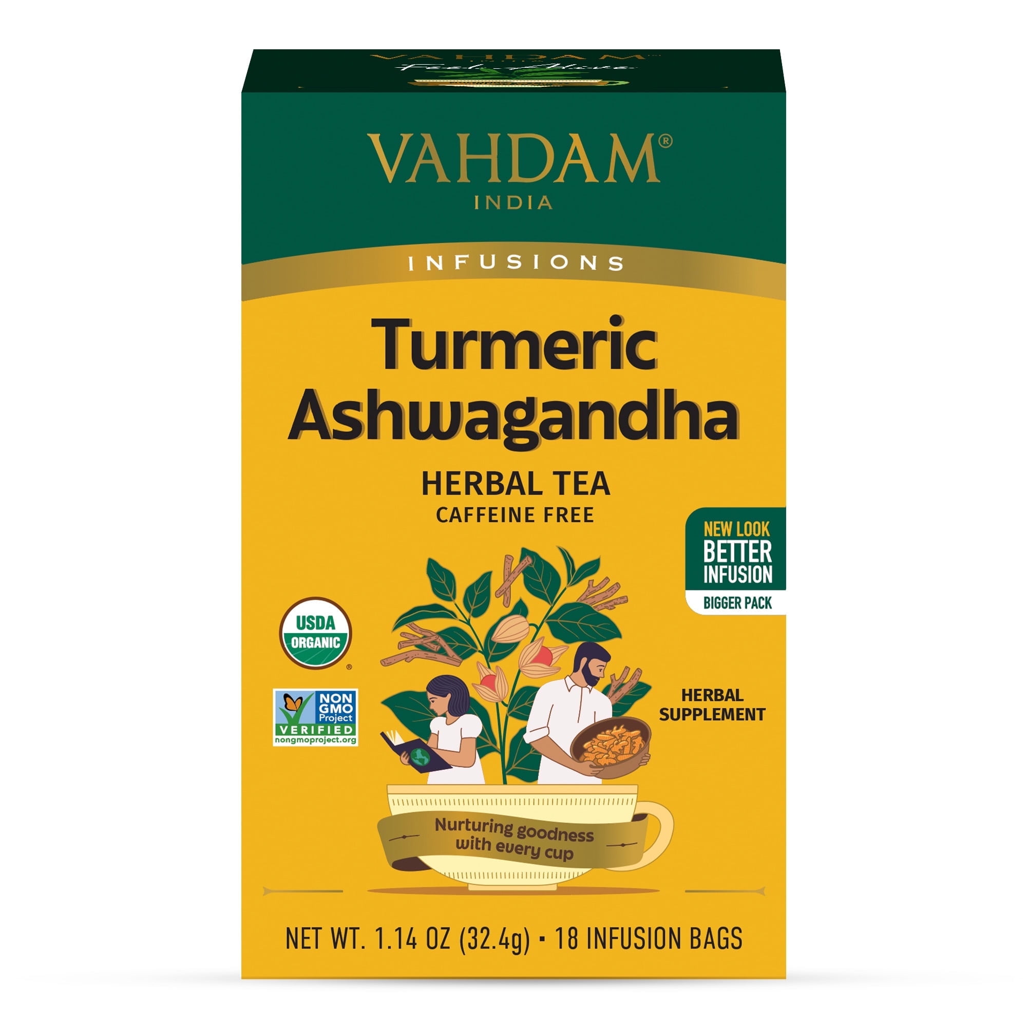 VAHDAM Organic Turmeric Ashwagandha Herbal Tea Bags 18 Count Caffeine VAHDAM Organic Turmeric Ashwagandha Herbal Tea Bags 18 Count Caffeine