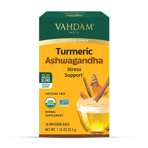 VAHDAM Organic Turmeric Ashwagandha Herbal Tea, 18 Tea Bags | Caffeine-Free Herbal Infusion, Non-GMO, Gluten-Free