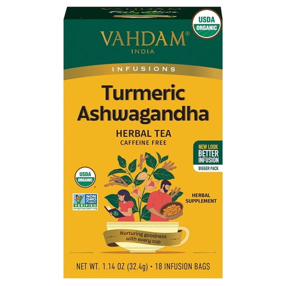 VAHDAM, Organic Turmeric Ashwagandha Herbal Tea Bags (18 Count) Caffeine Free, Gluten Free | 100% Pure Herbal Blend - Sweet & Earthy | Eco-Friendly Individually Wrapped Tea Bags | Direct From Source