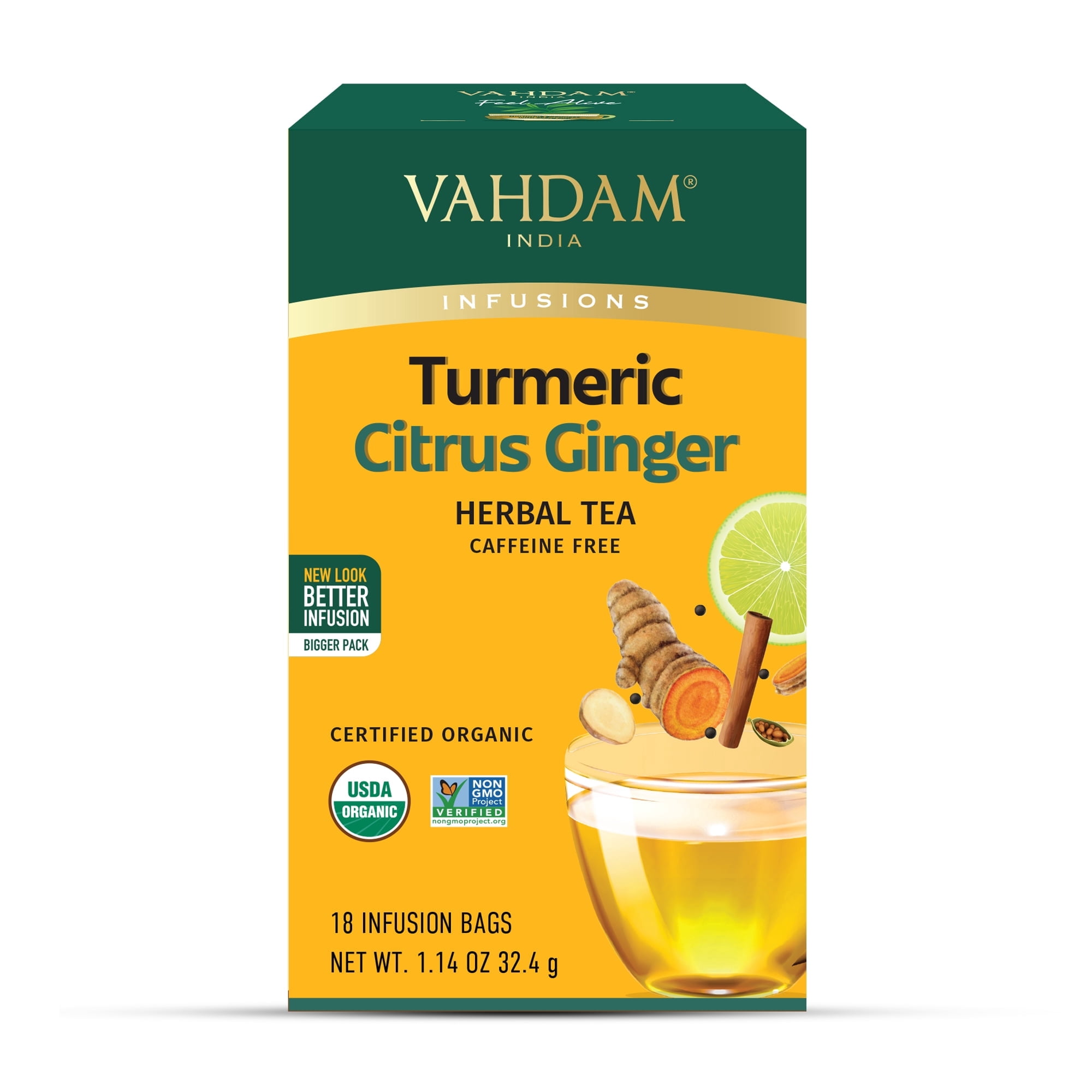 VAHDAM, Organic Turmeric Citrus Ginger Herbal Tea (18 Count) Caffeine Free, Gluten Free | 100% Pure Herbal Blend - Citrusy & Savory | Eco-Friendly Individually Wrapped Tea Bags | Direct From Source