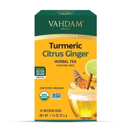 VAHDAM Organic Turmeric Citrus Ginger Herbal Tea, 18 Tea Bags | Caffeine-Free Herbal Infusion, Non-GMO, Gluten-Free