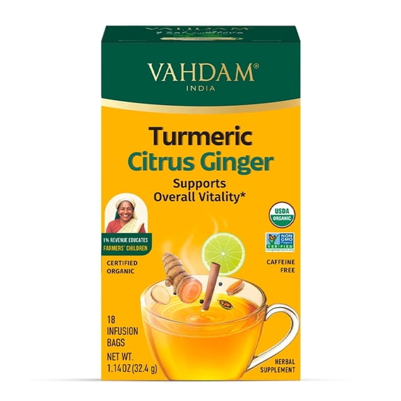 VAHDAM Organic Turmeric Citrus Ginger Herbal Tea, 18 Tea Bags | Lemon Ginger Tea with Turmeric — Supports Overall Health & Wellness | Caffeine Free Herbal Tea, Non-GMO, Gluten-Free | Organic Tea Bags