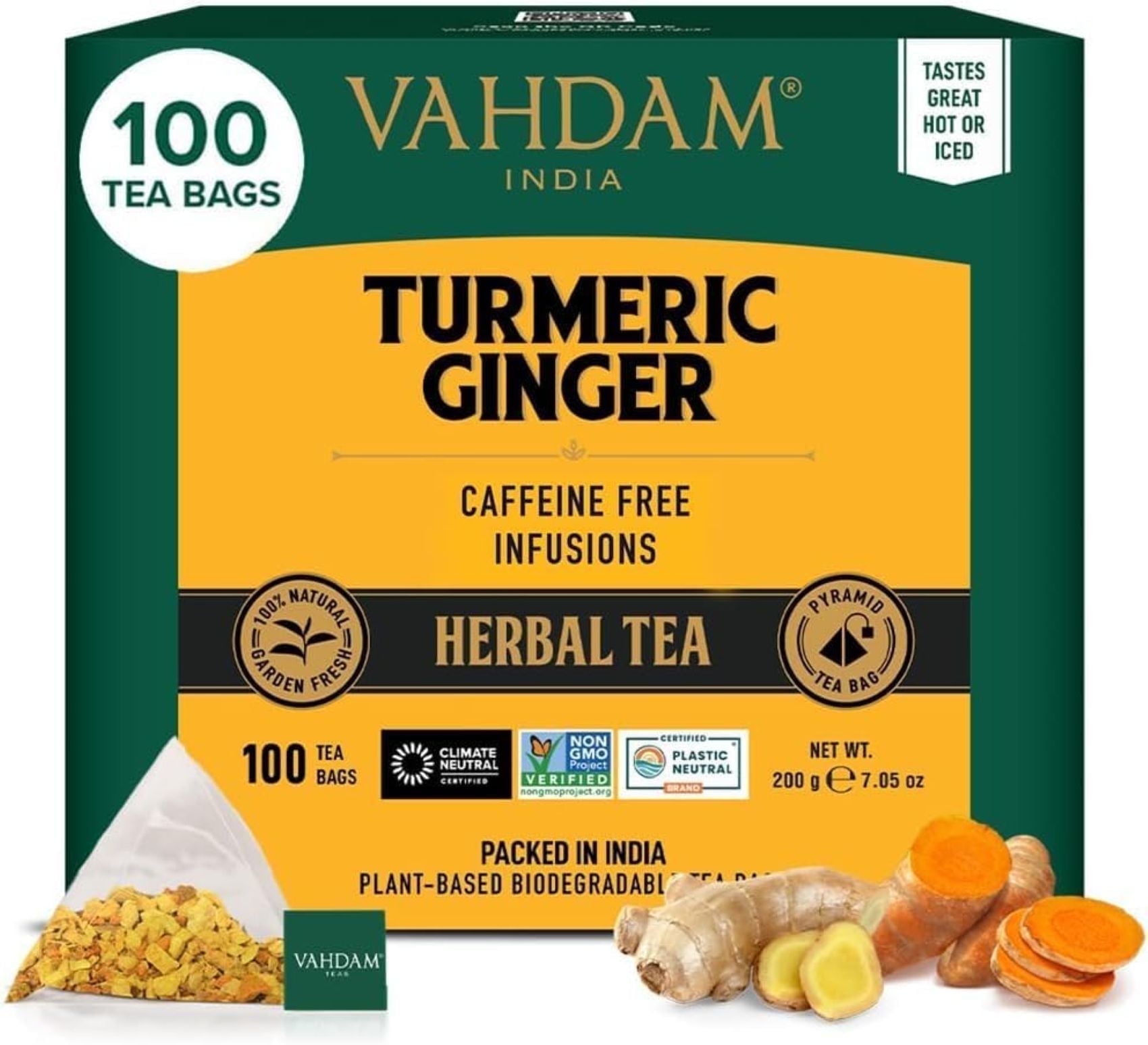 VAHDAM, Organic Turmeric Ginger Herbal Tea Bags (100 Pyramid Tea Bags) Caffeine Free, Non GMO | 100% Pure Herbal Blend - Savory & Spicy, Plant-Based Teabags | Resealable Ziplock Pouch