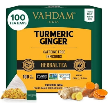 VAHDAM, Organic Turmeric Ginger Herbal Tea Bags (100 Pyramid Tea Bags) Caffeine Free, Non GMO | 100% Pure Herbal Blend - Savory & Spicy, Plant-Based Teabags | Resealable Ziplock Pouch