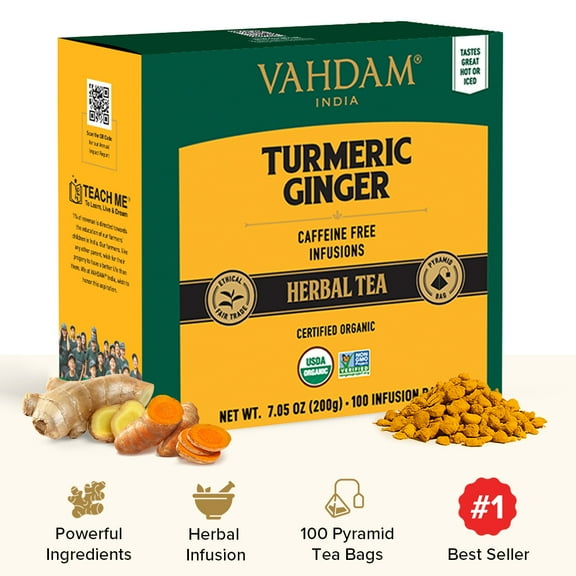 VAHDAM Organic Turmeric Ginger Herbal Tea Bags, 100 Pyramid Tea Bags, USDA Organic, Caffeine Free, Non GMO