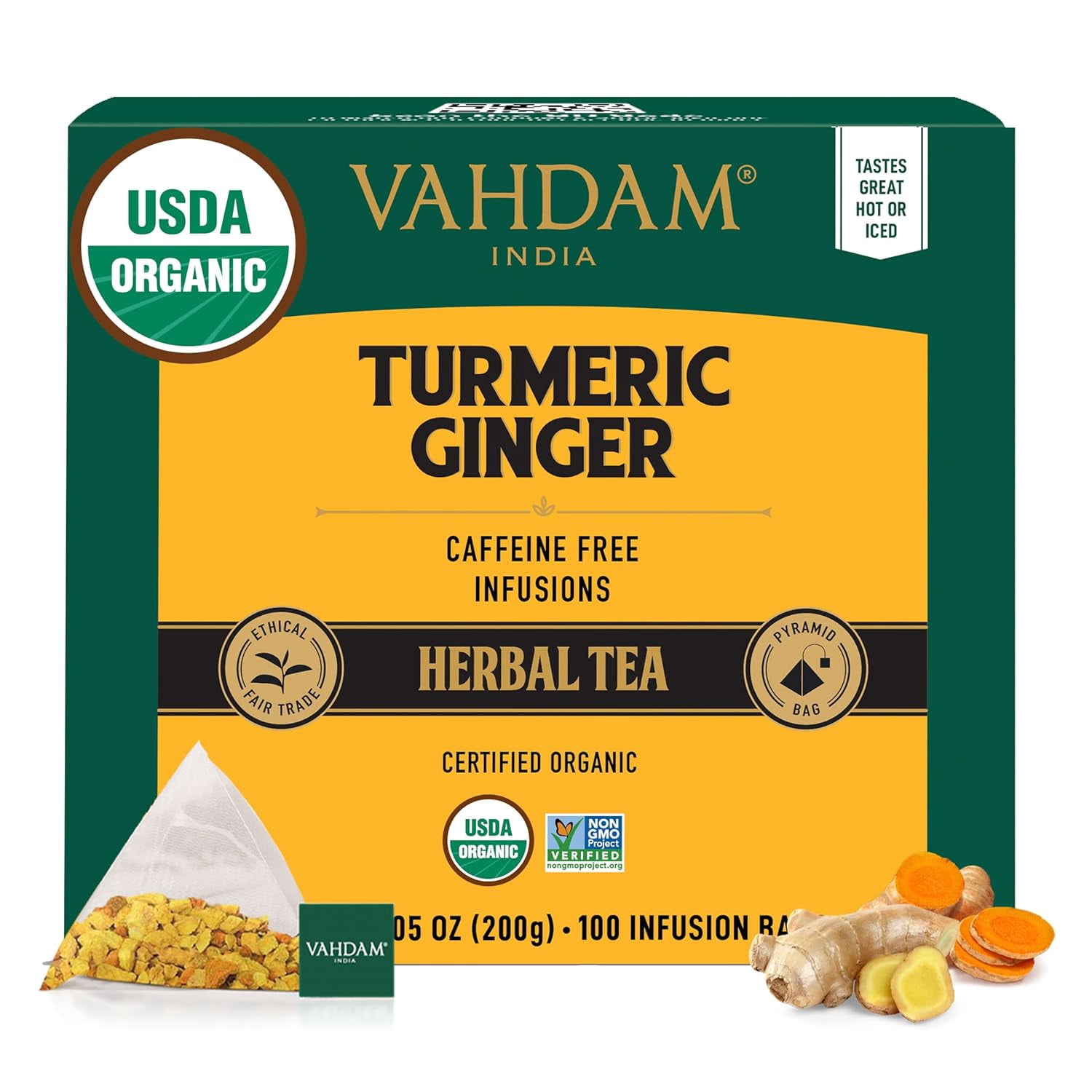 VAHDAM Organic Turmeric Ginger Herbal Tea Bags, 100 Pyramid Tea Bags, USDA Organic, Caffeine Free, Non GMO